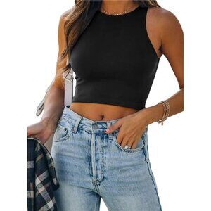Women's Sleeveless Halter Neck Double Lined Casual Basic Tank Crop Tops